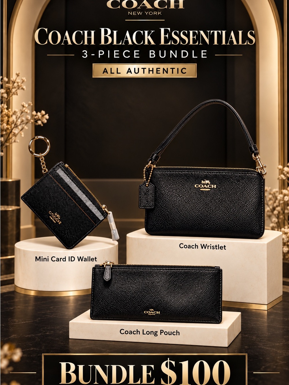 Coach Black Leather 3-Piece Wristlet, Long Pouch & Mini Card Wallet